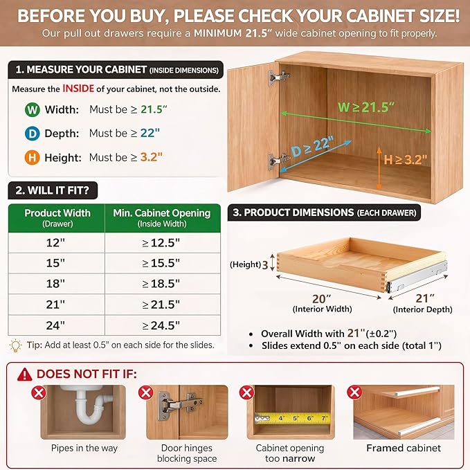 Menkxi 2 Set Wooden Pull out Cabinet Organizer Fully Assembled Slide out Pantry Drawer with Gentle Close Storage Shelf Tray for Base Kitchen Under Sink Bathroom Accessory(Wood Color,21'' X 21'' X 3'')