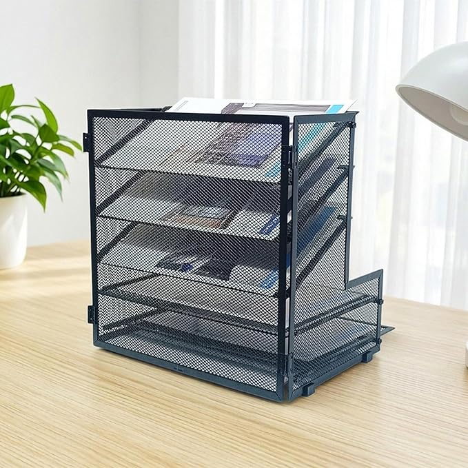 SETTFRFE Office Supplies Desk Organizer,Metal Desktop File Holder Organizer with 5 Tier Paper Tray,Black