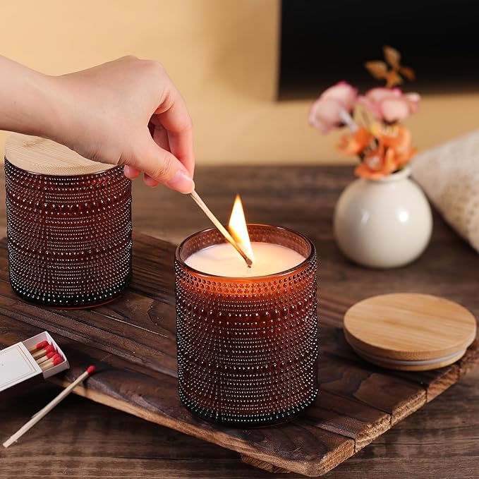 DARJEN 14 OZ Amber Candle Jars for Making Candles- 8 Pack Empty Glass Candle Making Jars with Bamboo Lids and Labels, Candle Making Supplies Candle Containers for Home DIY