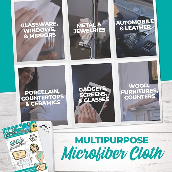 Molly's Marvelous Cloth, Streak-Free, Lint-Free Microfiber Cleaning Cloth, Polishing Cloth for Glass, Stainless Steel, Use for Kitchen, Bath, Cars, Detailing, Reusable (2pk, White)