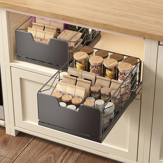 NETEL Pull Out Cabinet Organizer, 4 Pack No Drill Slide Out Drawers for Kitchen Cabinets, Metal Pantry Pull Out Shelves, Kitchen Cabinet Organizer, Pull Out Home Organizers,11.8"W X 15.7"D X 6.9"H