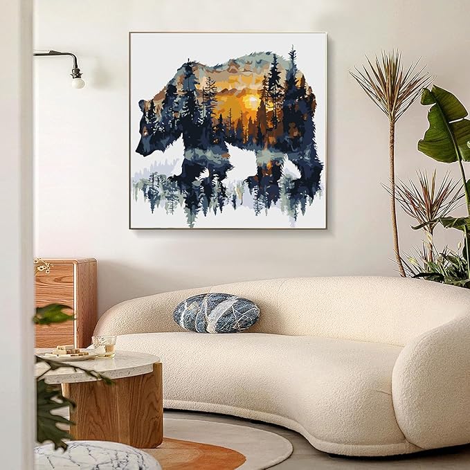 Paint by Numbers for Adults Forest Bear Paint by Numbers Kits for Beginner, DIY Acrylic Paint by Number on Canvas Easy Animal Paint by Numbers for Adults Home Wall Decor 16X16 Inch Without Frame
