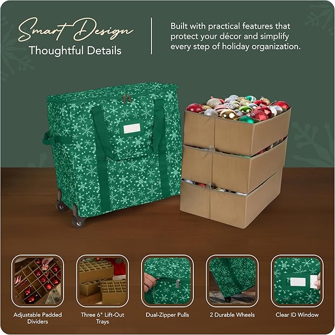 Covermates Keepsakes Rolling Adjustable Ornament Storage Bag – Heavy-Duty Polyester, FlexGrid Trays & Padded Dividers – Protective Holiday Organizer with Wheels, Handles & ID Window, Green Snowflake