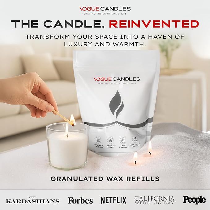Vogue Candles White Pearled Candle Sand Wax (1 LB) – Mother’s Day Candle Kit with 15 Cotton Wicks for DIY Home Lighting – Plant-Based & Reusable Wax Granules Refill for Clean Burning & Custom Vessel