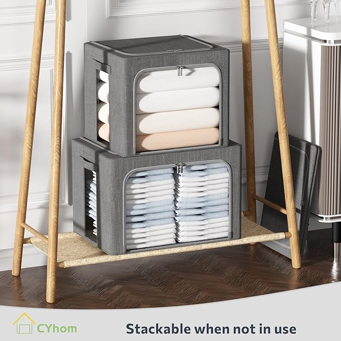 CYhom 4 Pack Clothes Storage Bins with Metal Frame - Linen Fabric Foldable Stackable Container Organizer Set with Clear Window & Carry Handles & Zippers (Dark Gray, 23.6"x16.5"x15.7")