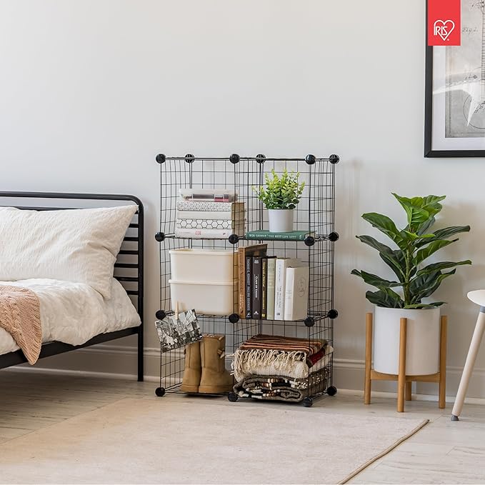 IRIS USA 6-Cube Modular Wire Cube Storage Organizer, Adjustable & Expandable Metal Shelving for Closet, Bathroom & Home Storage, Stackable Wire Grid, Black