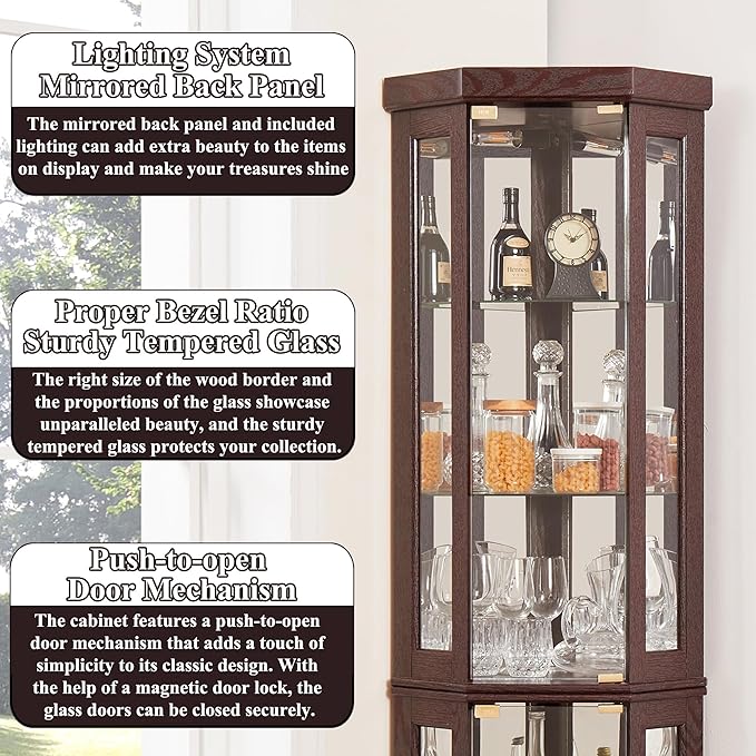 69" H Lighted Curio Cabinet Corner Display Case,Corner Glass Cabinet with Tempered Glass Door and Adjustable Shelves,Wooden Curio case with Mirrored Back Pane (Style 2 - Dark Cherry)