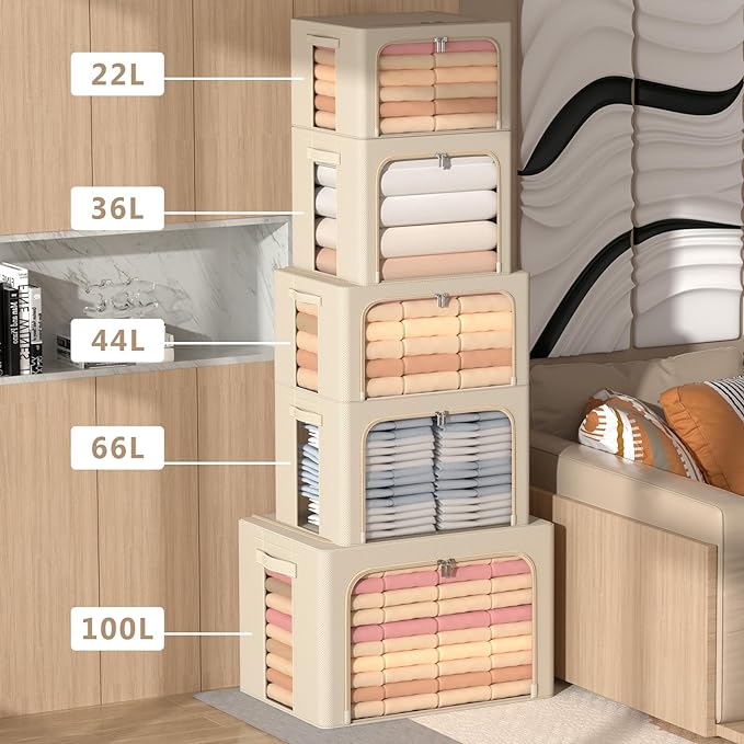 CYhom 3Pack Frame Storage Box - Clothes Storage Bin Bags Oxford Fabric Foldable Stackable Container Organizer Set with Clear Window & Carry Handles Large Capacity (Beige, Large-66L)