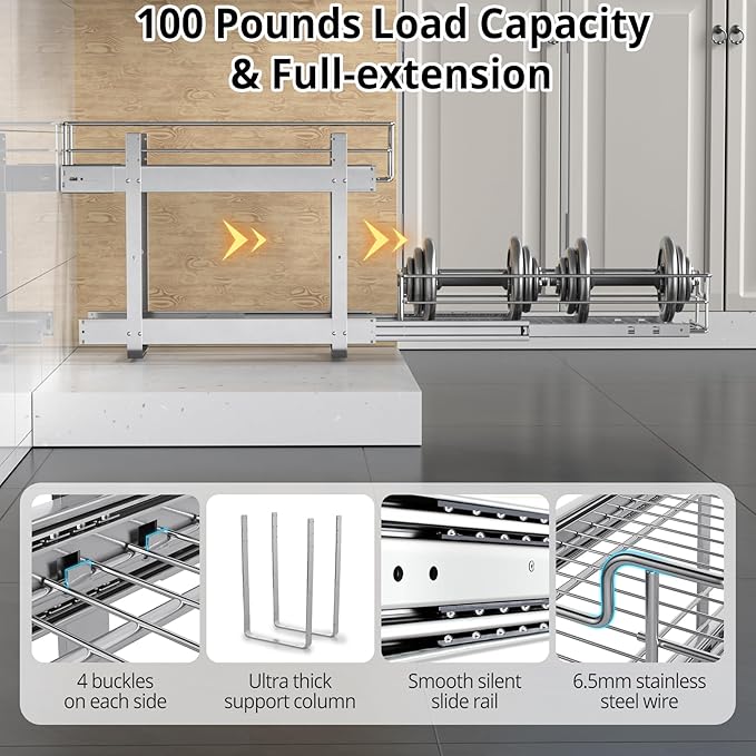 ZOINLIY Pull Out Cabinet Organizer, Versatile Slide Out Kitchen Organizers and Storage,Heavy Duty Drawer Cupboard Storage Basket, Smooth Sliding, Chrome Finish (2-Tiers-14¼''W×22“D)