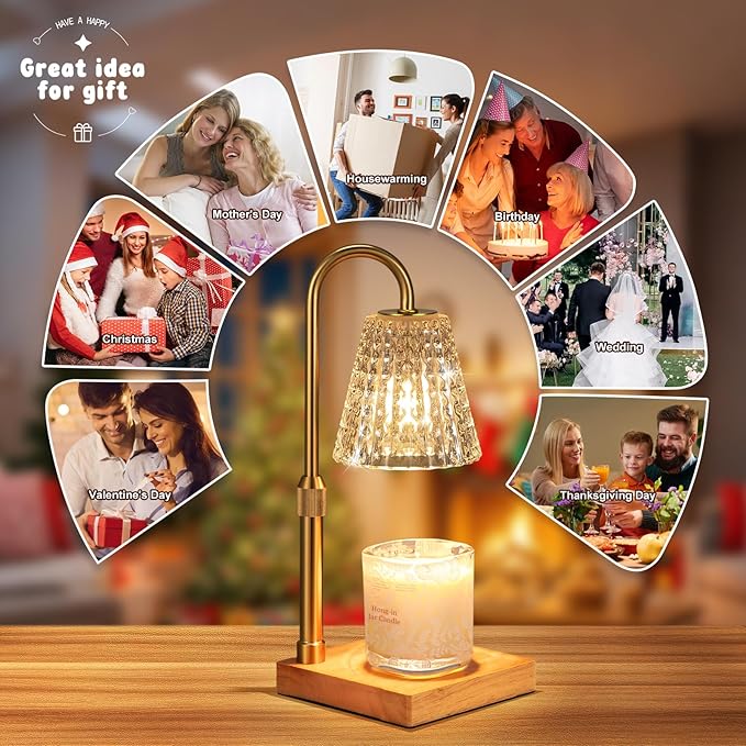Hong-in Crystal Adjustable Height Candle Warmer Lamp with Timer Dimmer,Birthday Gifts for Women Mom Sister,House Warming Gifts New Home Room Decor,Vintage Wax Warmer for Scented Wax Jar Candles