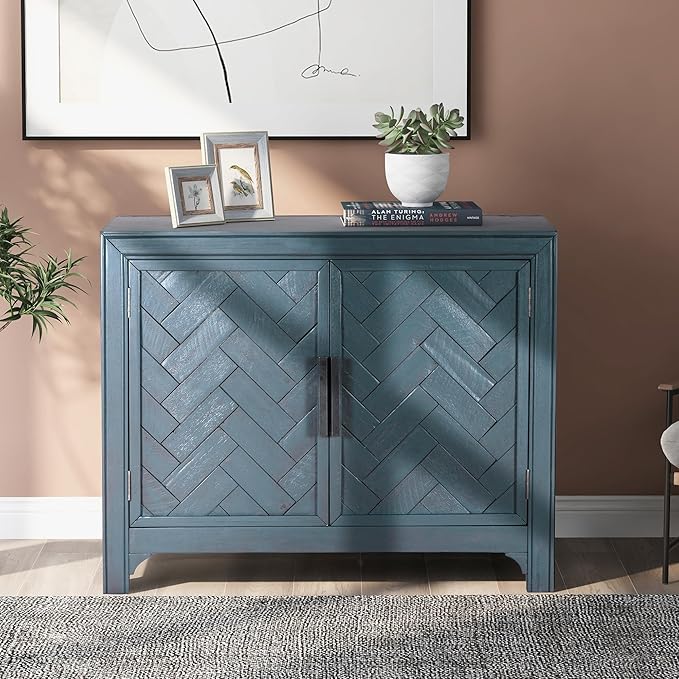 Amposei Wooden Accent Cabinet 40-Inch Vintage Sideboard Coffee Bar 2-Door Entryway Storage Cabinet with Adjustable Shelf for Living Room Entrance, Antique Blue