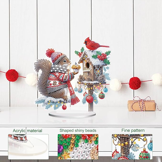 5D Diamond Art Painting Ornament Kits Birdhouse and Squirrel, DIY Diamond Art Painting Desktop Ornament, Special Shaped Crystal Rhinestone Diamond Art Table Top Home Office Christmas Decor (24x24cm)