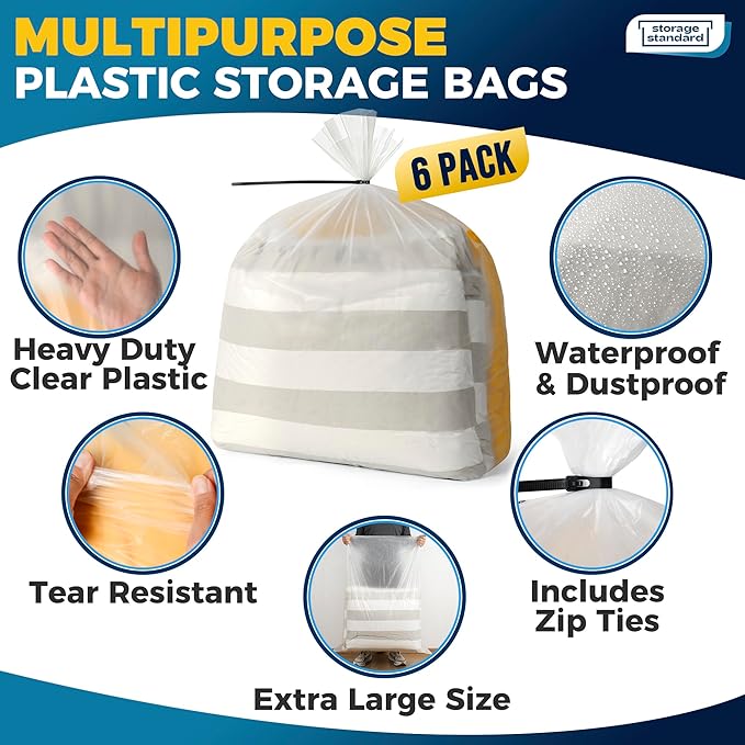 Storage Standard Large Clear Plastic Bags for Storage 6-Pack - Waterproof Extra Large Plastic Bags with Zip Ties, Heavy-Duty Cover for Clothes, Blankets, Linens & Bedding Organization - 32 x 42 Inches