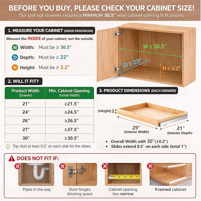 Menkxi 2 Set Wooden Pull out Cabinet Organizer Fully Assembled Slide out Pantry Drawer with Gentle Close Storage Shelf Tray for Base Kitchen Under Sink Bathroom Accessory(Wood Color,30'' X 21'' X 3")