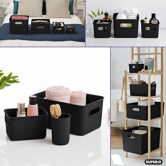 Superio Ribbed Collection - Decorative Plastic Basket Open Home Storage Bins Organizer, Small Brown (2 Pack) Container Boxes for Organizing Closet Storage Bins for Shelves Drawer Shelf 1.5 Liter