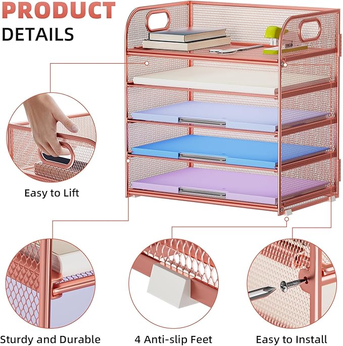 Marbrasse 5 Tier Paper Organizer Letter Tray, Mesh Desk File Organizer with Handle, Paper Sorter Desk Organizer for Home Office Supplies - Rose Gold