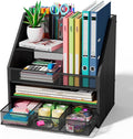 Homsorout Wooden Desk Organizer - Mesh File Organizer with Drawers and Pen Holder - 4-Tier Vertical Paper Letter Storage Tray, Desktop Organizers and Accessories for Home Office (Black