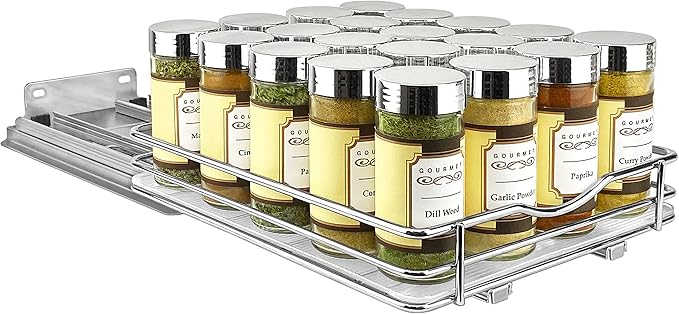 LYNK PROFESSIONAL® Pull Out Spice Rack Organizer for Inside Kitchen Cabinets - 8-3/8 inch Wide - Slide Out Drawer – Chrome Sliding Spice Organization for cabinet - Spice Racks - 1 Tier