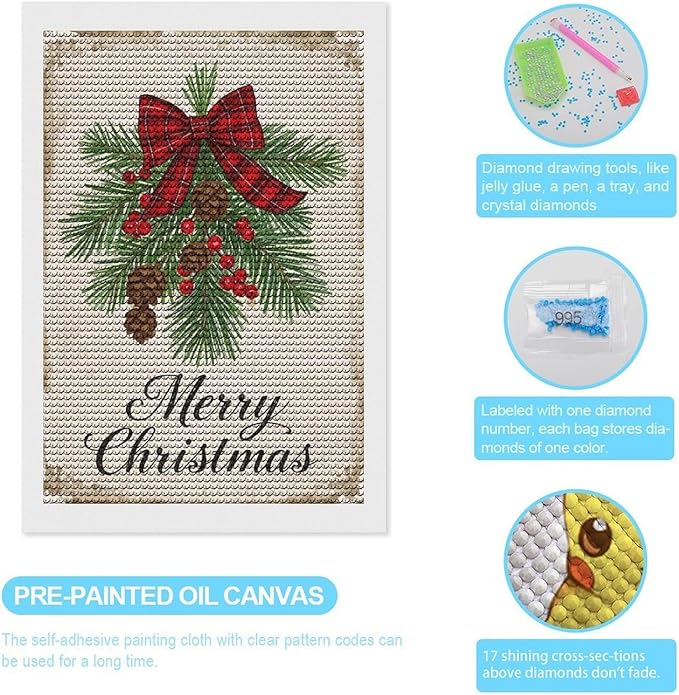 AIVKIEJK Diamond Painting Kits for Adults - Merry Christmas Holly, Pine Cones & Red Plaid Bow Painting DIY 5D Full Drill Diamond Dots Paintings with Diamonds Gem Art and Crafts Home Decor 8"x12"