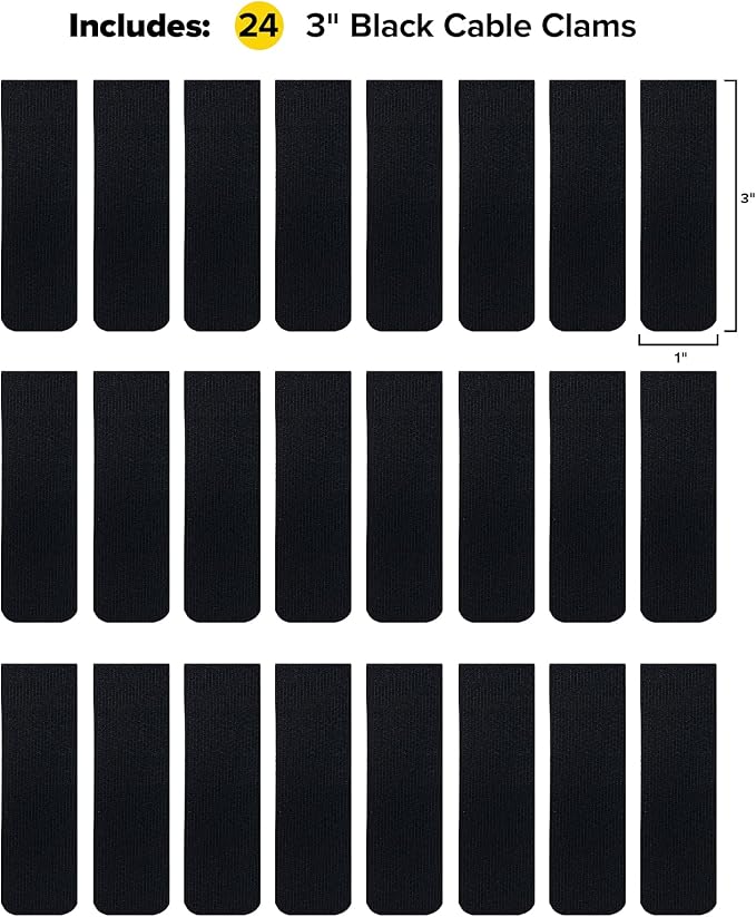 Cable Clams by Wrap-It Storage - 3" (24-Pack) Black - Cord Organizer for Appliances Strips with Adhesive for Office Organization and to Hide TV, Desk, or PC Cord Management