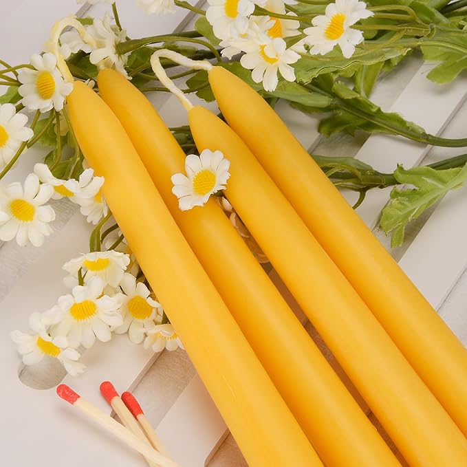 Pure 8" Natural 100% Pure Bees Waxs Candlesticks 4 Pack 20 Hour Long Burning Time,Unscented,Dripless and Smokeless for Home Decor, Party
