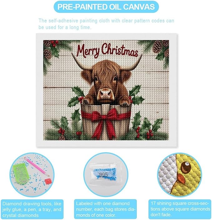 AIVKIEJK Diamond Painting Kits for Adults - Highland Cow Merry Christmas Painting DIY 5D Full Drill Diamond Dots Paintings with Diamonds Gem Art and Crafts Home Decor 16"x20"