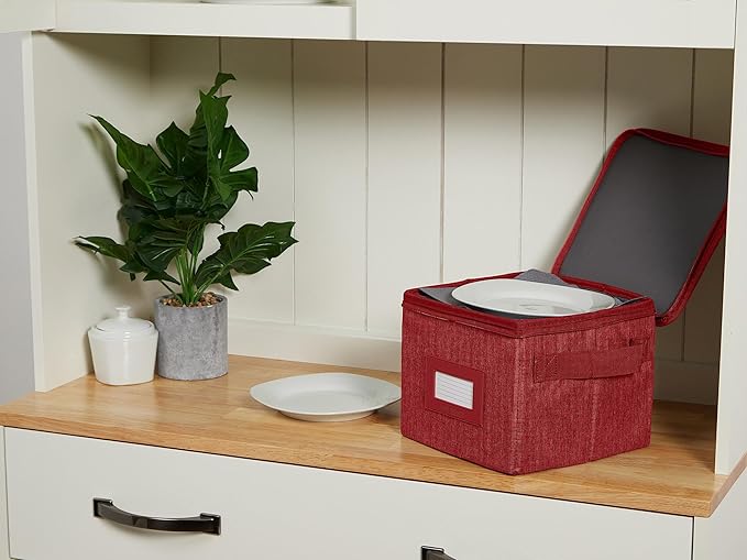 Covermates Dish Storage Box Set – China & Dinner Plate Storage Containers with Felt Dividers, Dual Zippers, Reinforced Handles, ID Window & Stackable Design, Red Heather