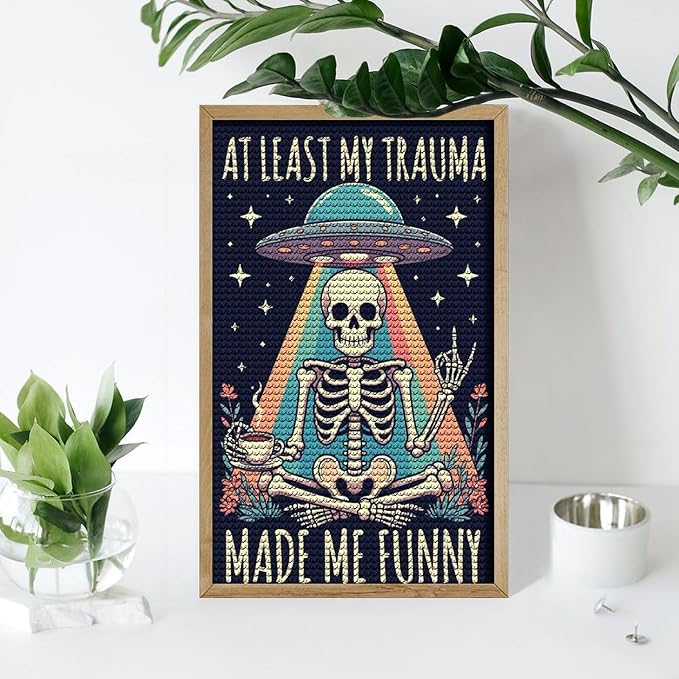 KIVJMSIDJA 5D Diamond Art Kits for Adults Skull Skeleton “At Least My Trauma Made Me Funny” Full Drill DIY Diamond Art for Home Wall Decor 12"x20"