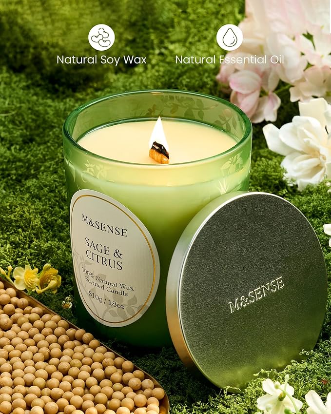 M&SENSE Sage Citrus Soy Candle, Cracking Wooden Wick 18oz 100 Hours Long Lasting Clean Burn, Large Jar Winter Aromatherapy Candle for Home Decor, Non-Toxic Relaxing Gifts for Women