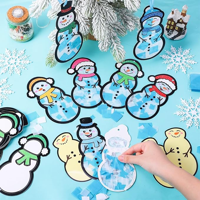 Tinlade 32 Set Winter Snowman Suncatchers Crafts Kit Christmas DIY Window Tissue Paper Hanging Ornaments Make Your Own Stained Glass Sun Catcher Xmas Winter Holiday School Home Classroom Activities