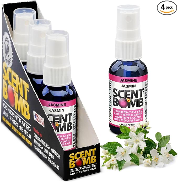 Scent Bomb Air Freshener Spray, Long-Lasting Odor Eliminator - Effective Deodorizer for Home & Car, Fresh Room Spray for Kitchen, Bathroom & Smell Neutralizer - 1 oz Pack of 4, Jasmine Scent