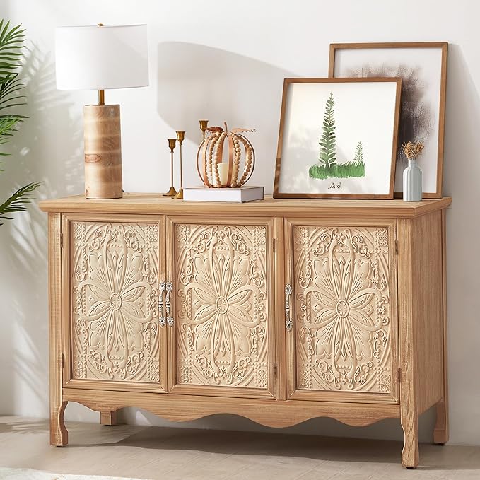 RoyalCraft Buffet Cabinet with Storage, Vintage Solid Wood Sideboard with 3 Carved Doors, Painted Coffee Bar Console Table for Dining Room, Living Room, Kitchen, Distressed Black