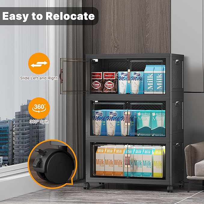 Stackable Storage Bins with Lids & Wheels & Door, Foldable Collapsible Closet Organizers, Extra Large Plastic Storage Drawers for Bedroom Dorm Office Garage (Dark-55qt, 6Pack with 2 top lids)