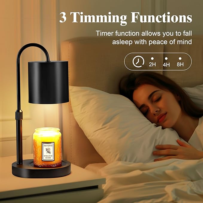Dreamholder Electric Candle Warmer Lamp with Timer & Dimmer, Adjustable Height Wax Melt Warmer for Jar Candles, Wood Base Candle Melter, Floral Home Decor Gifts for Women, Mom, Black
