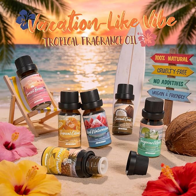 ARVIDSSON Hawaii Fragrance Oil Set, Summer Essential Oils for Diffuser, Tropical Scent Oils - Sunset Breeze, Coconut Coast, Gild Pineapple, Tropical Citrus, Iced Watermelon, Tanderine Mojito,