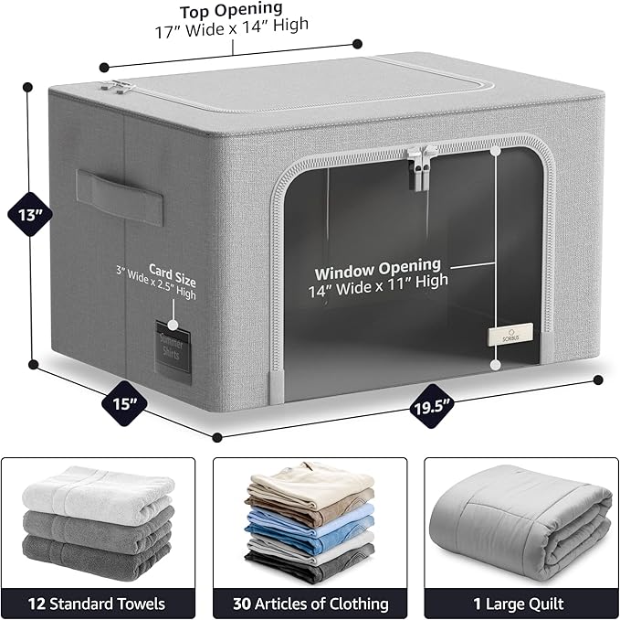Storage Bins with Metal Frame - Stackable & Foldable Clothes Organizer Bags - Oxford Fabric Storage Containers with Large Clear Window & Carry Handles, Organization for Bedding, Linen, Clothes & More
