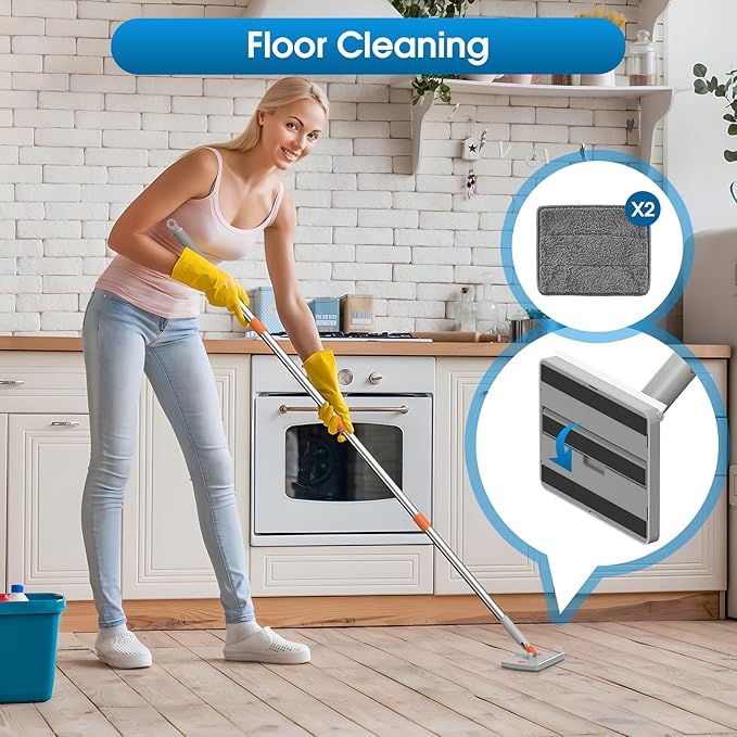 Extendable Cleaner for Ceiling Fan and Baseboards Cleaner Tool- 79” Adjustable Cleaning Kit with 9 Reusable Pads, Ceiling Fan Blade Cleaner Duster Set with Long Handle, Wall, Floor, Windows