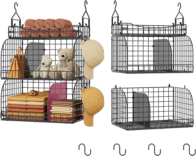 SWTYMIKI Hanging Closet Organizer Storage - 3 Tier Metal Stackable Hanging Closet Shelves with Dividers and S Hooks, Foldable Clothes Shelves for Clothes, Pants, Shoes, Coat, Hats Clutches Accessories
