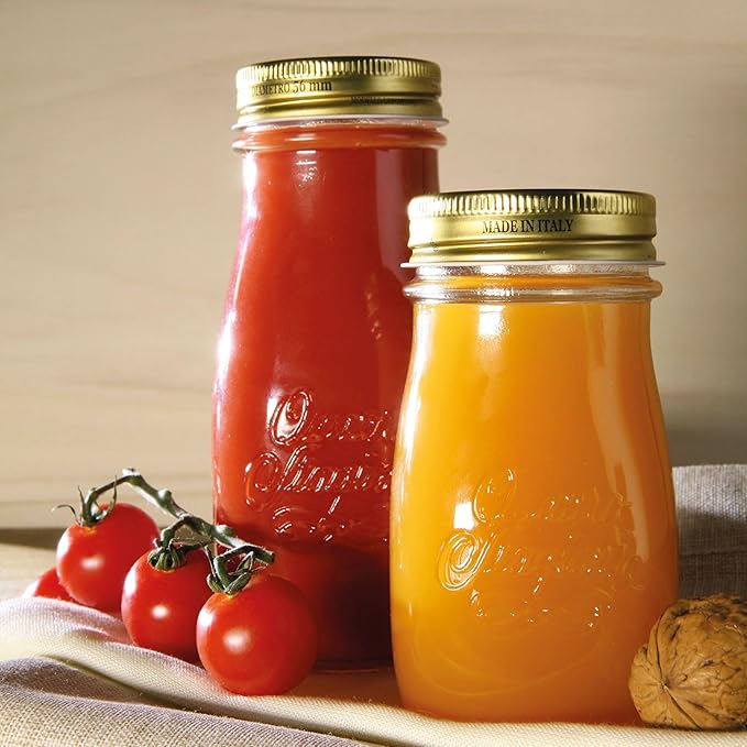 Bormioli Rocco Quattro Stagioni, Glass Canning Jar and Drinking Bottle, 13.5 Oz. with Gold Metal Airtight Lid, Made in Italy.