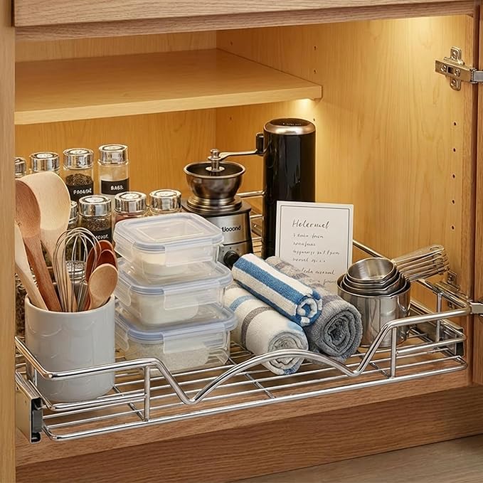 HOLDN’ STORAGE Pull Out Cabinet Organizer - Heavy Duty Steel with Smooth Slide-Out Drawers, Chrome Finish - 17" W x 17" D Basket, Fits 18.25" Cabinet Opening