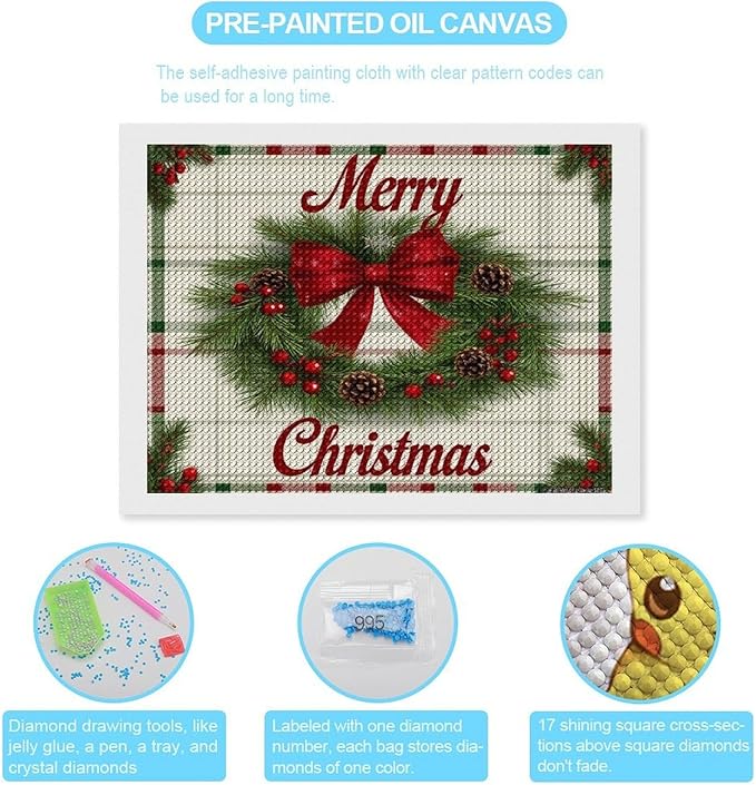 AIVKIEJK Diamond Painting Kits for Adults - Red Bow & Green Leaves Merry Christmas Painting DIY 5D Full Drill Diamond Dots Paintings with Diamonds Gem Art and Crafts Home Decor 12"x16"