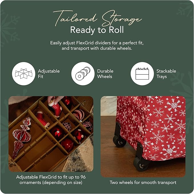 Covermates Keepsakes Rolling Adjustable Ornament Storage Bag – Heavy-Duty Polyester, FlexGrid Trays & Padded Dividers – Protective Holiday Organizer with Wheels, Handles & ID Window, Red Snowflake