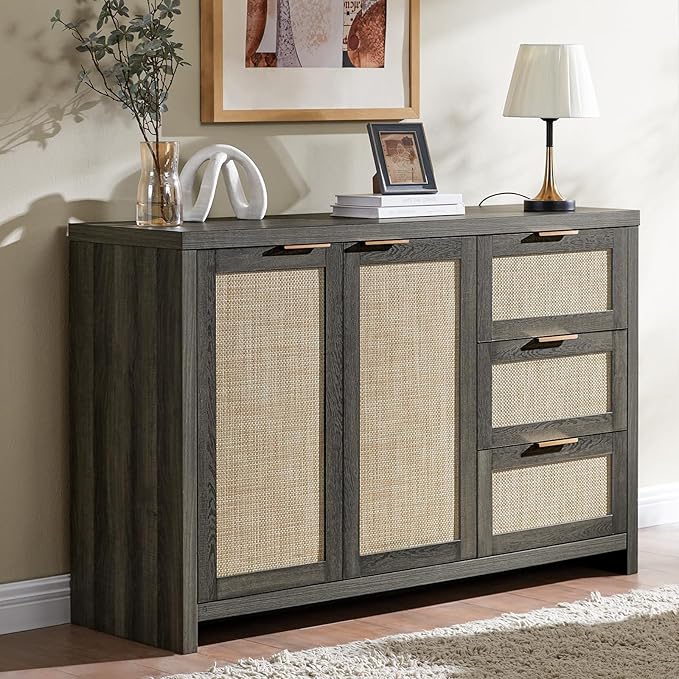OAKHAM HOME Kitchen Storage Cabinets, Buffet Cabinet with Storage Rattan Sideboard Cabinet Organizer 3 Drawers and 2 Doors Accent Console Table for Kitchen Hallway Living Room bar (Midnight Oak)
