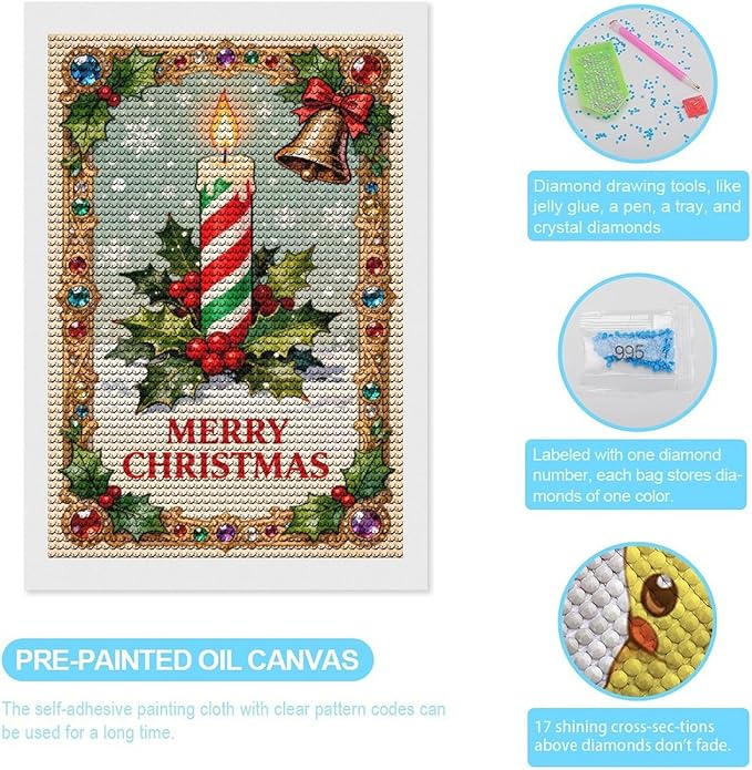 AIVKIEJK Diamond Painting Kits for Adults - Merry Christmas Candle & Holly Accents Painting DIY 5D Full Drill Diamond Dots Paintings with Diamonds Gem Art and Crafts Home Decor 8"x12"