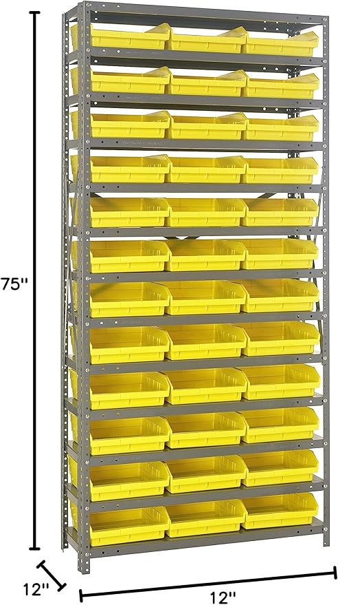 Quantum Storage Systems 1275-109YL Steel Shelving Unit with 4" Shelf Bins, 12" D x 36" W x 75" H, Yellow