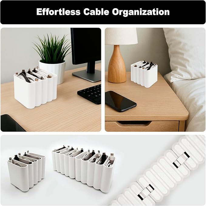 Cable Management Organizer Cord Management, Multiple Slots for Home, Office, Desk, Workshop, Durable Plastic Connectable Cable Organizer, Tangle-Free, Expandable Storage, White