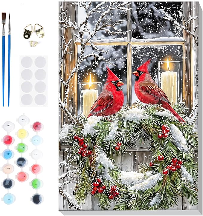 Bowetile Cardinal Paint by Numbers for Adults Beginners Framed, Adults' Paint-by-Number Christmas Kits, Adult Paint by Number Winter Kits on Canvas, Acrylic Number Painting for Home Decor, 8x12in