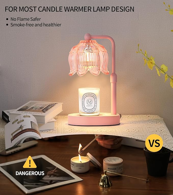 MEIXISUE Pink Flower Candle Warmer Lamp with Timer Dimmer, Adjustable Height No Flame Wax Warmer for Jar Candles, Ideal Gifts for Mom Women, ‌Housewarming New Home Bedroom Decor with 2 Bulbs