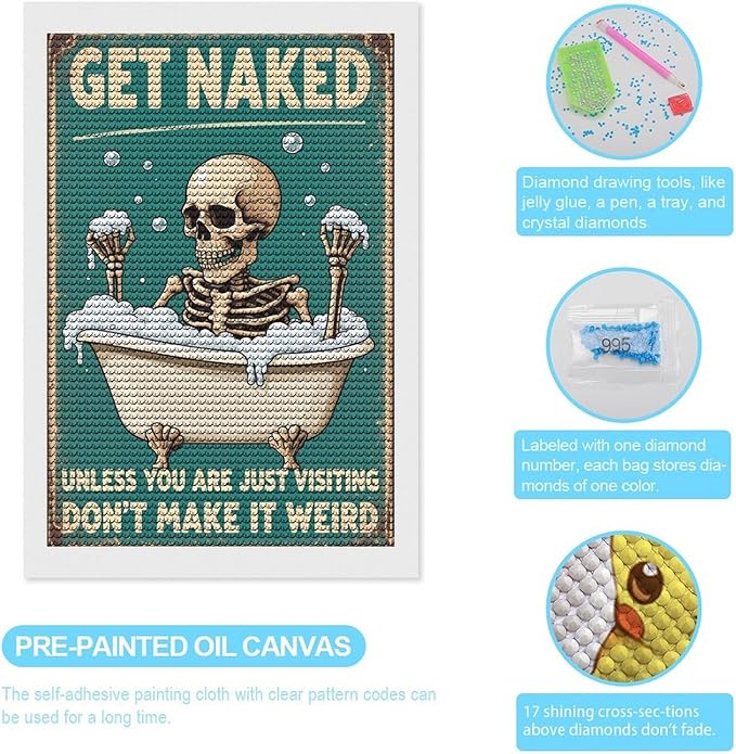 KIVJMSIDJA 5D Diamond Painting Kit for Skull —Get Naked Unless You are Just Visiting Adults Full Drill Round Rhinestone Art Craft DIY Home Wall Decor 8"x12"