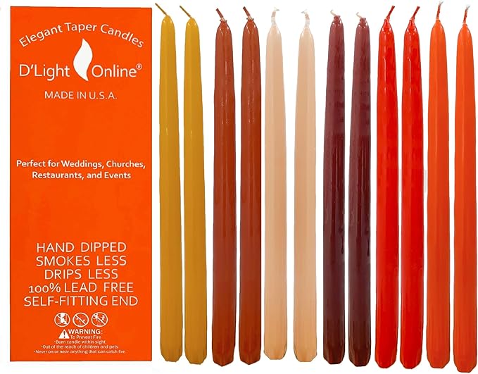 D'light Online Elegant 10" Seasonal Fall Taper Candles Premium Quality - Unscented, Hand-Dipped Tapered, Dripless and Smokeless - Set of 12 (10 Inch, Autumn Foliage)
